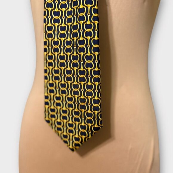 Burberry Horsebit Tie Navy Blue Yellow Silk Classic Preppy Authentic Necktie EUC - Picture 5 of 8